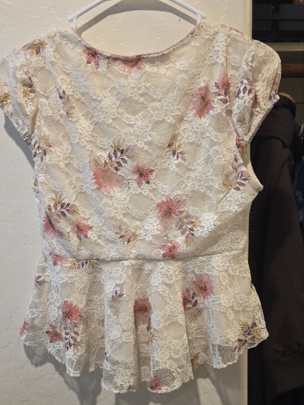 Lace Floral Peplum V-Neck Blouse - Pink on Cream - Picture 3 of 4
